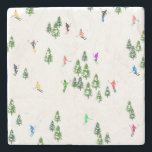 Freeride Alpine Skiers Skiing Illustration Party   Stone Coaster<br><div class="desc">Cool winter themed skier pattern design with skiers skiing down alpine ski resort slopes among snow covered fir trees in alps. Freeride skiers are wearing colourful vintage retro ski suits, skiing downhill with skis on a white snowy mountain landscape background. Wonderful winter sport fun gift for a skier in your...</div>