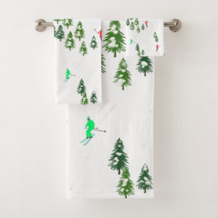 Freeride Alpine Skiers Skiing Illustration Ski Bath Towel Set