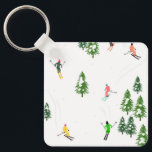 Freeride Alpine Skiers Skiing illustration Ski Keychain<br><div class="desc">Cool winter themed skier pattern design with skiers skiing down alpine ski resort slopes among snow covered fir trees in alps. Freeride skiers are wearing colourful vintage retro ski suits, skiing downhill with skis on a white snowy mountain landscape background. Wonderful winter sport fun gift for a skier in your...</div>