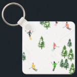 Freeride Alpine Skiers Skiing illustration Ski Keychain<br><div class="desc">Cool winter themed skier pattern design with skiers skiing down alpine ski resort slopes among snow covered fir trees in alps. Freeride skiers are wearing colourful vintage retro ski suits, skiing downhill with skis on a white snowy mountain landscape background. Wonderful winter sport fun gift for a skier in your...</div>