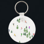 Freeride Alpine Skiers Skiing illustration Ski Keychain<br><div class="desc">Cool winter themed skier pattern design with skiers skiing down alpine ski resort slopes among snow covered fir trees in alps. Freeride skiers are wearing colourful vintage retro ski suits, skiing downhill with skis on a white snowy mountain landscape background. Wonderful winter sport fun gift for a skier in your...</div>