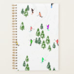 Freeride Alpine Skiers Skiing illustration Ski Planner<br><div class="desc">Cool winter themed skier pattern design with skiers skiing down alpine ski resort slopes among snow covered fir trees in alps. Freeride skiers are wearing colourful vintage retro ski suits, skiing downhill with skis on a white snowy mountain landscape background. Wonderful winter sport fun gift for a skier in your...</div>