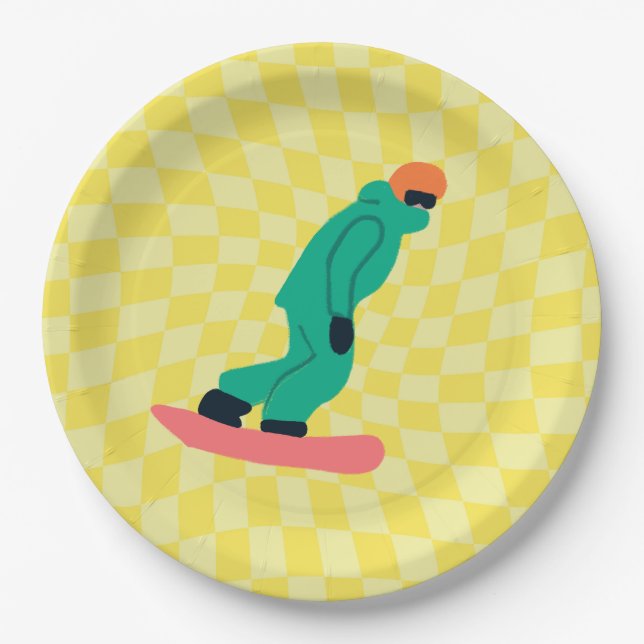Freeride Snowboarder Green Suit Chequered Yellow Paper Plate (Front)