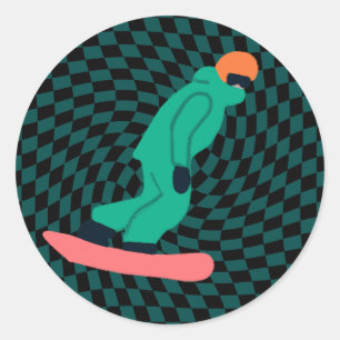 Freeride Snowboarder In Green Suit Chequered Classic Round Sticker