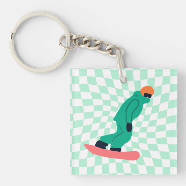 Freeride Snowboarder In Green Suit Chequered    Keychain (Front)