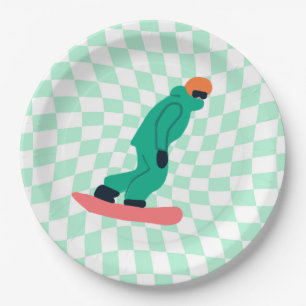 Freeride Snowboarder In Green Suit Chequered Mint Paper Plate