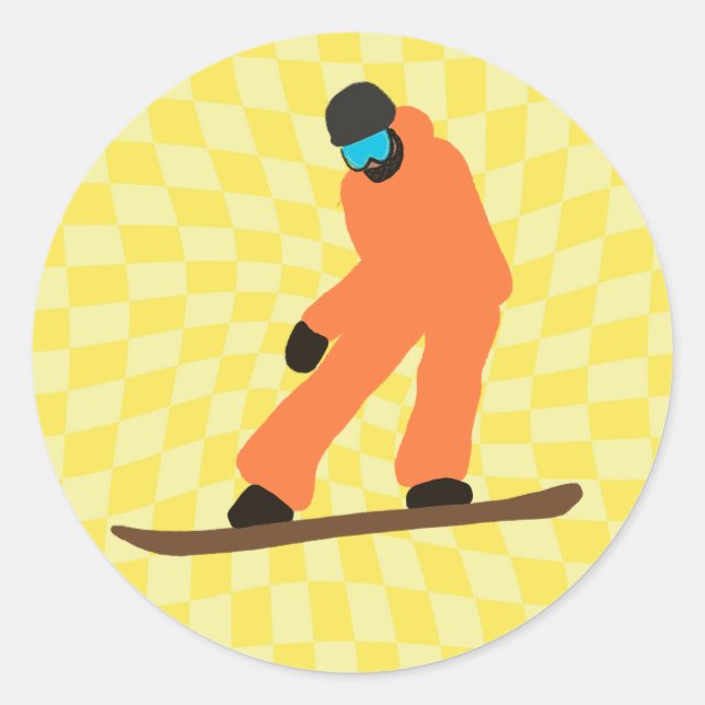 Freeride Snowboarder In Orange Suit Chequered   Classic Round Sticker (Front)