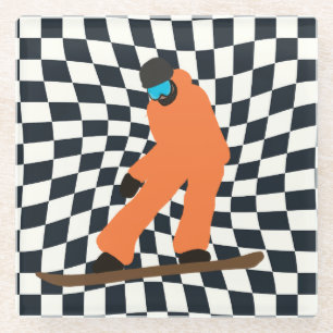 Freeride Snowboarder In Orange Suit Chequered Glass Coaster