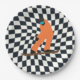 Freeride Snowboarder In Orange Suit Chequered   Paper Plate