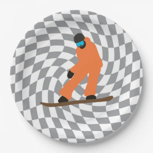 Freeride Snowboarder In Orange Suit Chequered    Paper Plate