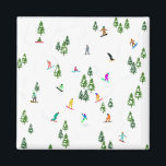 Freeride Snowboarder Snowboarding Illustration  Magnet<br><div class="desc">Cool whimsical illustration art of colourful snowboarders,  snowboarding downhill in mountains among pine,  spruce,  fir trees on fresh snow powder. Snowboard and xmas outdoor sport in a winter forest. Snowboarder gifts. Snowboarding Christmas decor.</div>