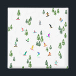 Freeride Snowboarder Snowboarding Illustration Magnet<br><div class="desc">Cool whimsical illustration art of colourful snowboarders, snowboarding downhill in mountains among pine, spruce, fir trees on fresh snow powder. Snowboard and xmas outdoor sport in a winter forest. Snowboarder gifts. Snowboarding Christmas decor.</div>