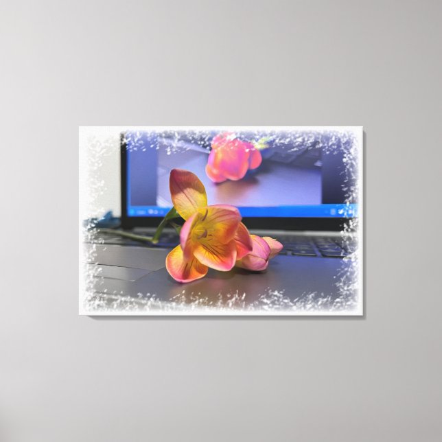 Freesia flower on the keyboard canvas print (Front)