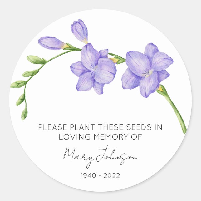 Freesia Memorial Funeral Seed Packet Classic Round Sticker (Front)