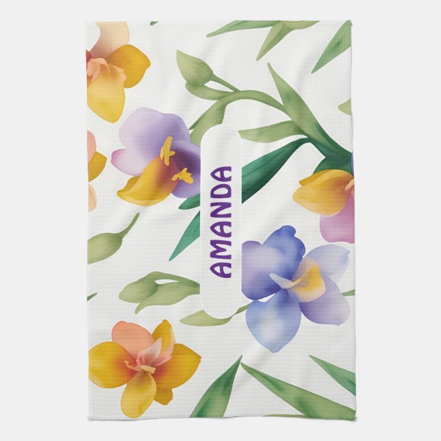 Freesia Watercolor Colourful Personalized Pattern Kitchen Towel (Vertical)