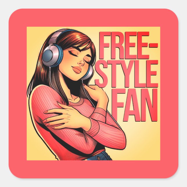 Freestyle Fan with Young Woman Wearing Headphones Square Sticker (Front)