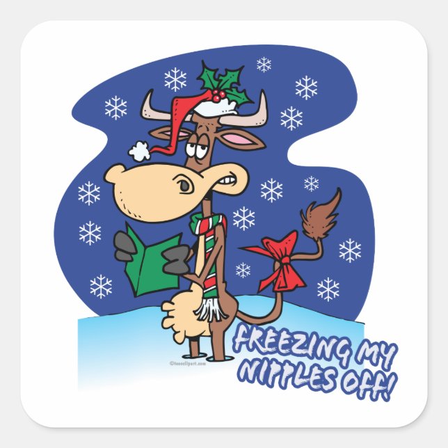 freezing my nipples off funny xmas cow square sticker (Front)