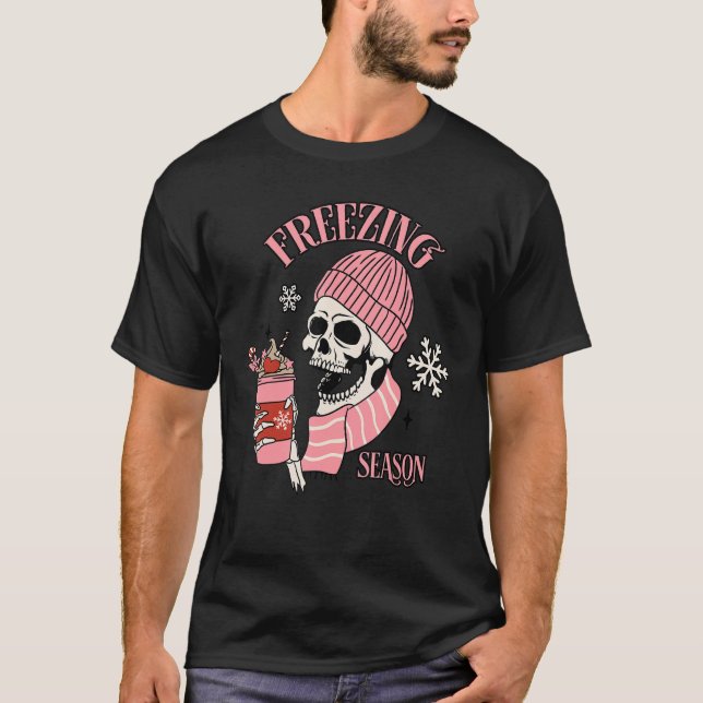 Freezing Season  Skeleton Drinking Coffee T-Shirt (Front)