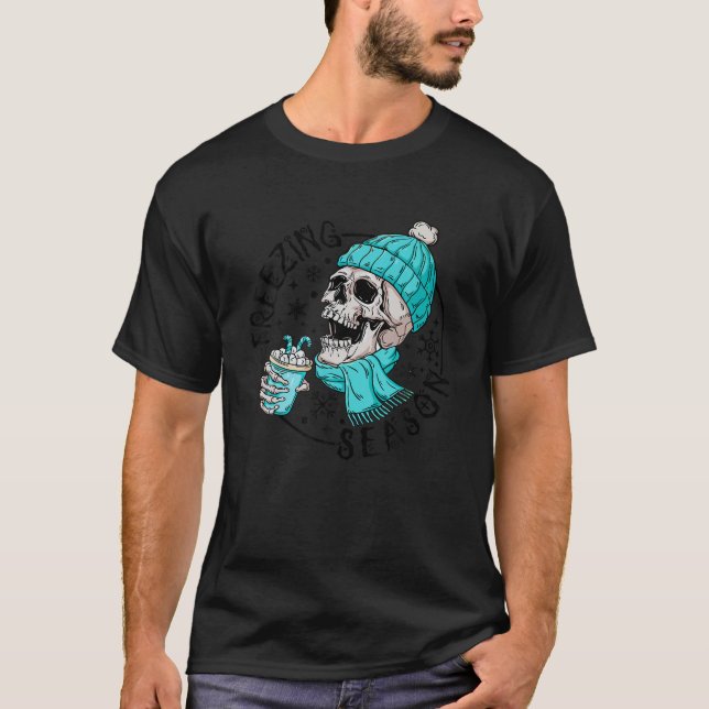 Freezing Winter Season Skull Drinking Coffee Merry T-Shirt (Front)