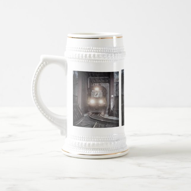 Freight train crossing a bridge     beer stein (Left)