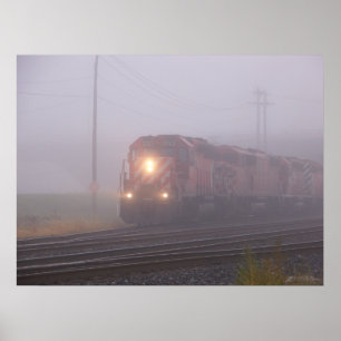 Freight Train Running in Morning Fog Poster