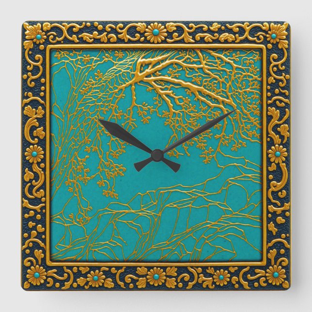French Alps Gold Turquoise+Black Colours Wall Cloc Square Wall Clock (Front)