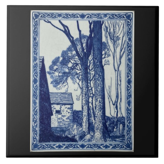 French Alps Village Cobalt Blue Ceramic Art Tile (Front)