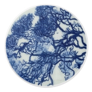 French Alps Village Cobalt Blue Ceramic Art Tile Knob