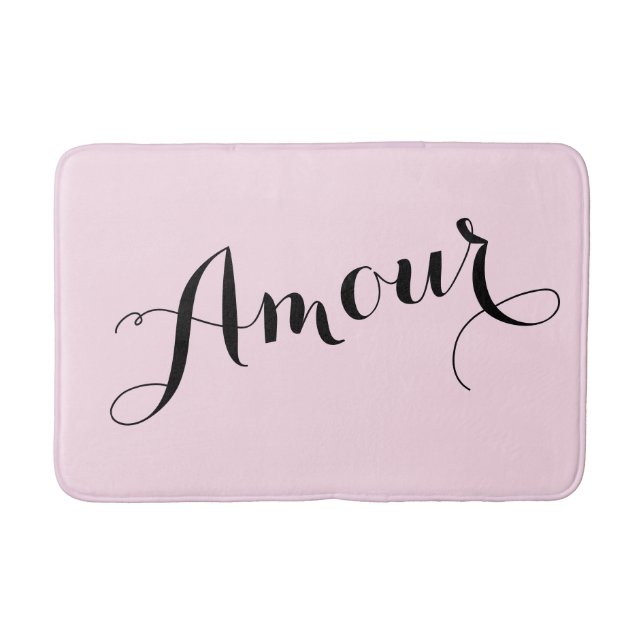 French Amour Love Pink and Black Chic Parisian Bath Mat (Front)
