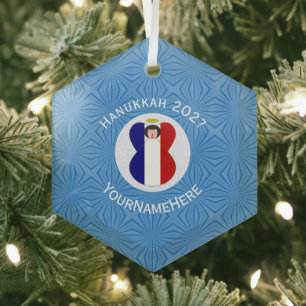 French Angel Hanukkah Flag Personalized  Glass Ornament