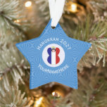 French Angel Hanukkah Flag Personalized  Ornament<br><div class="desc">Angel wears the red, white, and blue flag of France on the Hanukkah decor item of a star shaped ornament. The Hanukkah French angel is found inside a white circle of squiggly squares surrounded by a background of blue squiggly squares. Designed especially for families with multiple religions. Add your own...</div>