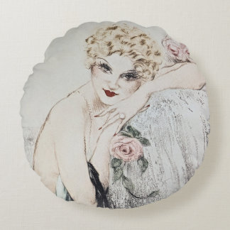 French Art Deco Louis Icart Pillow: La Belle Rose Round Pillow