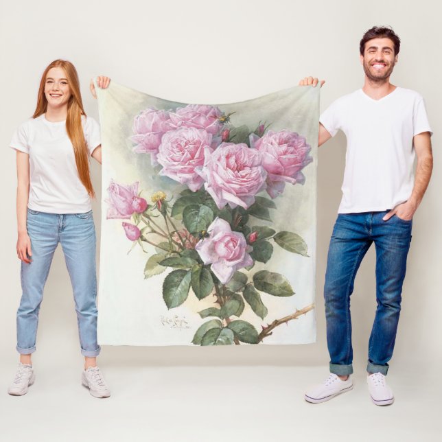 French Artist Paul De Longpre Pink Roses Fleece Blanket (In Situ)