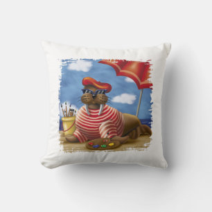 French Artist Walrus – Fun Beach Painting Scene Throw Pillow