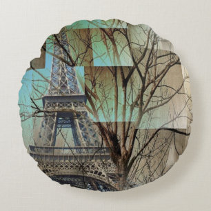 french autumn tree branch Paris eiffel tower Round Pillow