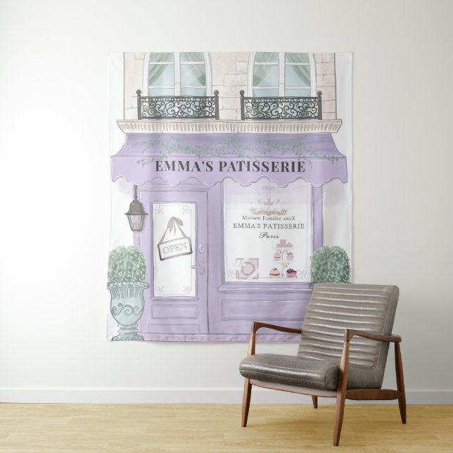 French Bakery Cafe Patisserie Lavender Backdrop Tapestry (In Situ)