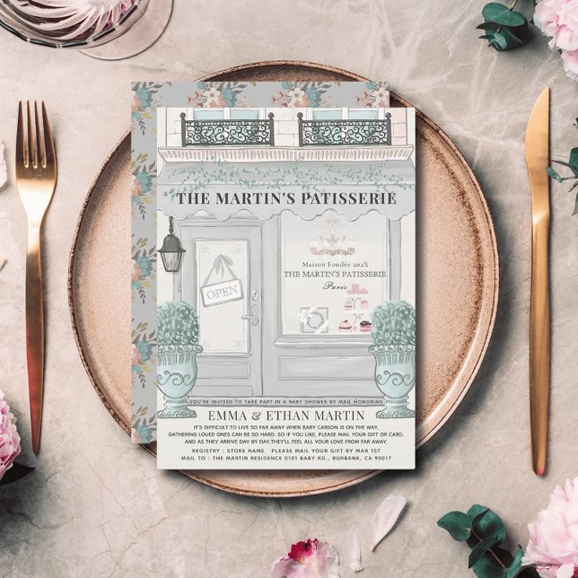 French Bakery Patisserie Grey Baby Shower by Mail Invitation (Creator Uploaded)