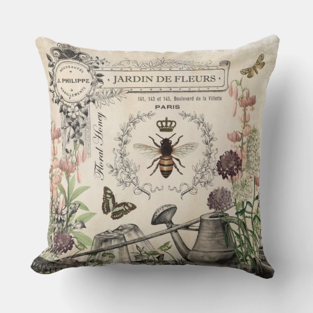 FRENCH BEE GARDEN THROW PILLOW (Front)