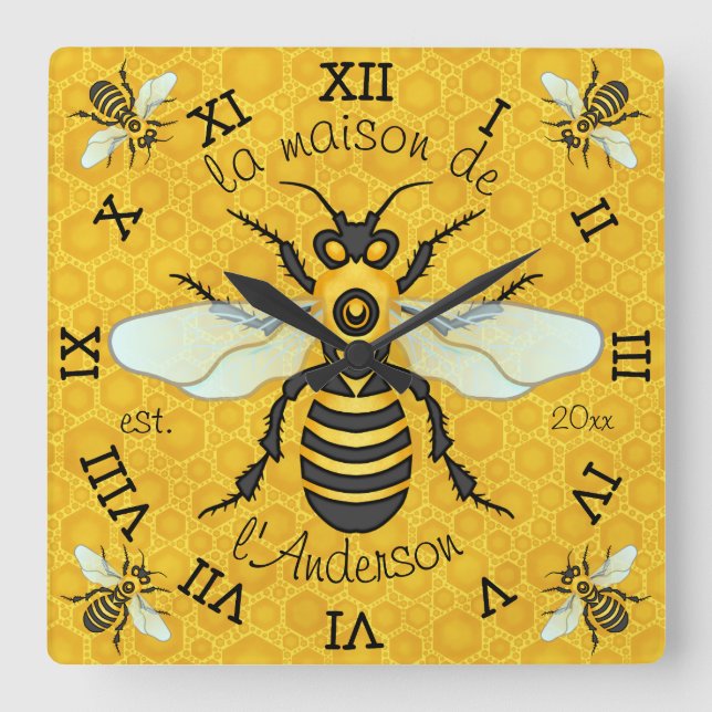 French Bee Honeycomb Family Name Elegant Honeybee Square Wall Clock (Front)
