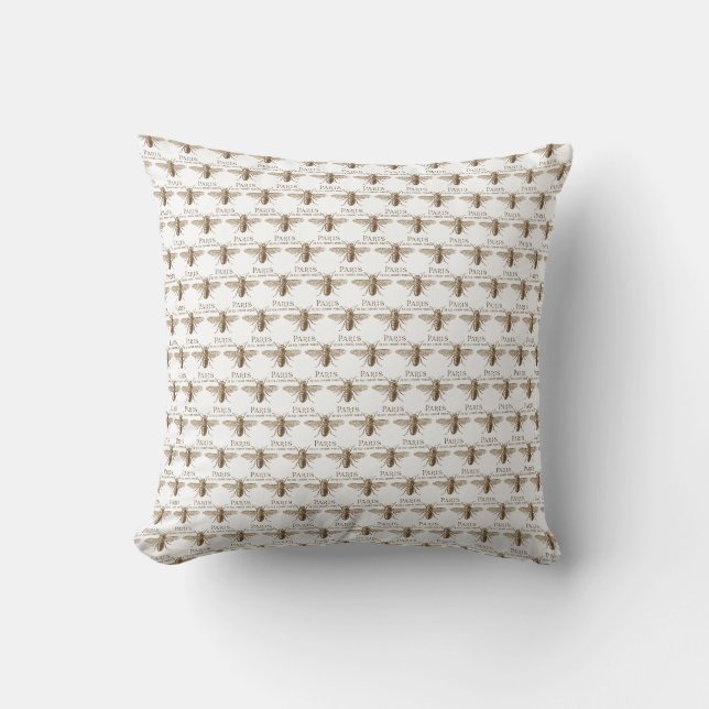 French Bee Paris Vintage Throw Pillow (Front)