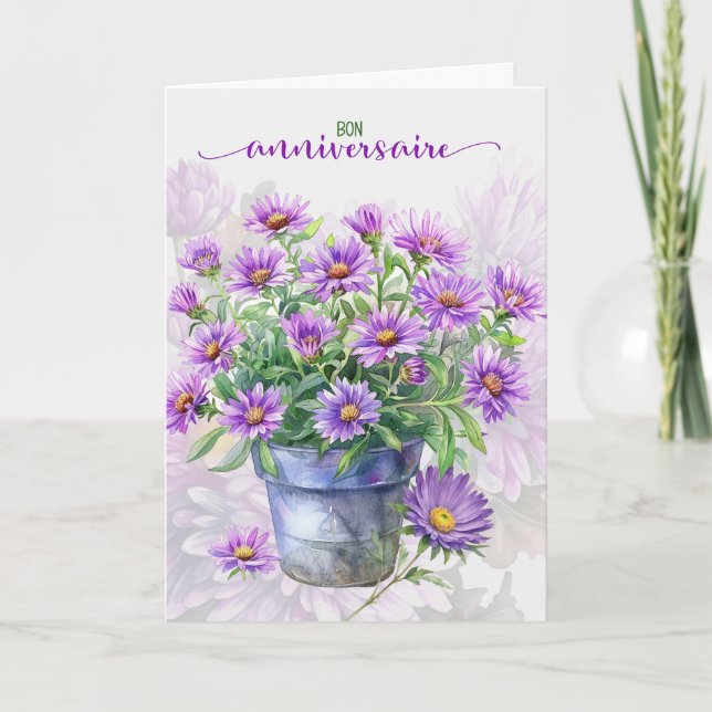 French Birthday Bon Anniversaire Purple Asters Card (Front)