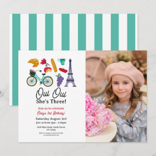 French Birthday Paris Oui Oui Three Girls Photo Invitation