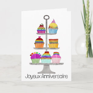 French Birthday Rainbow colours cupcakes  Card