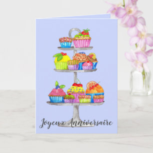 French Birthday Watercolor cupcakes  Card