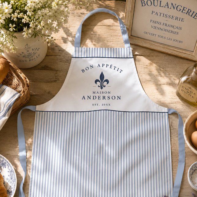 French Bistro Blue Stripe Custom Fleur de Lis Apron (Creator Uploaded)