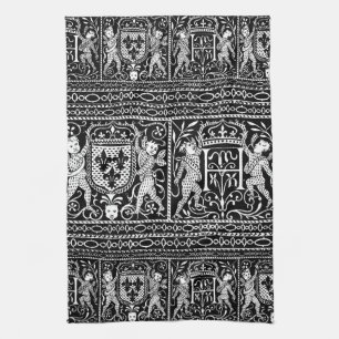 French Black and White Medieval Pattern Monogram H Kitchen Towel