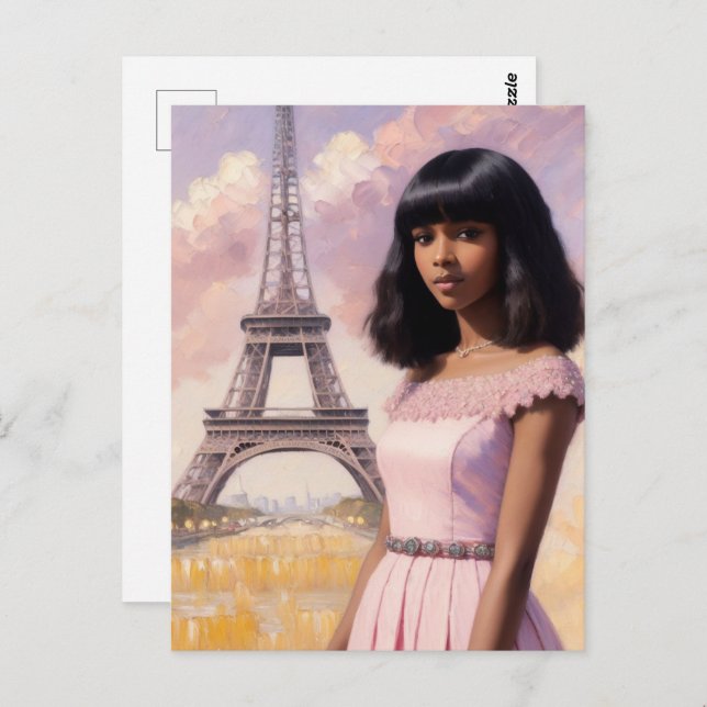 French Black Girl Pink Parisian Art Postcard (Front/Back)