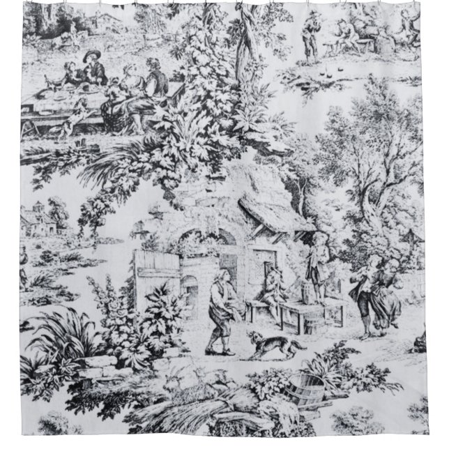 French Black White Toile Chinoiserie Rustic Style  (Front)