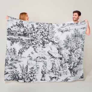French Black White Toile Chinoiserie Rustic Style  Fleece Blanket
