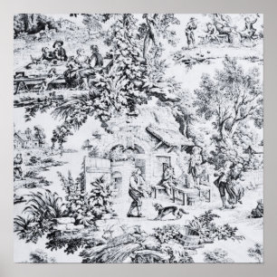 French Black White Toile Chinoiserie Rustic Style  Poster